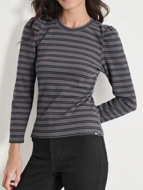 DKNY Grey & Black Striped Long-Sleeve Crewneck Top